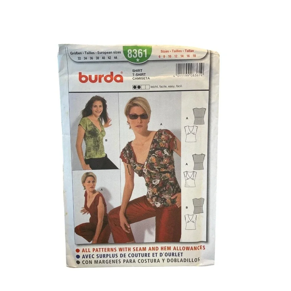 Burda Sewing Pattern 8361 Women Size 6-18 White V-Neck Jersey Knit T-Shirt Uncut